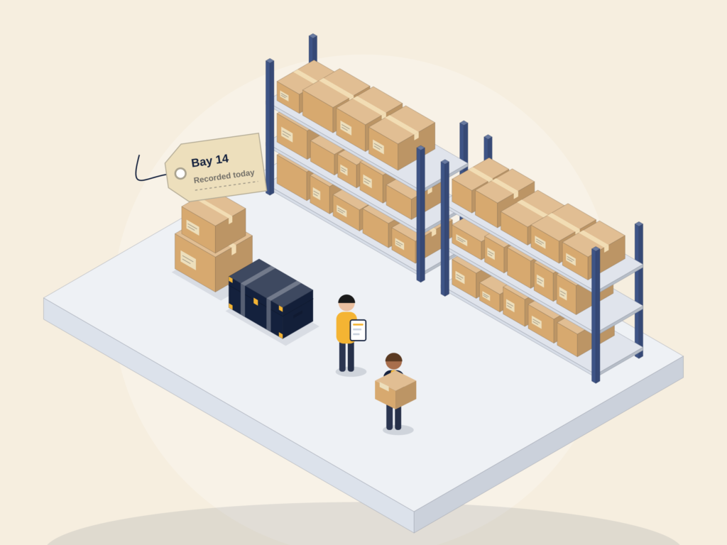 Racks of labelled boxes inside a recorded StoreAssist bay